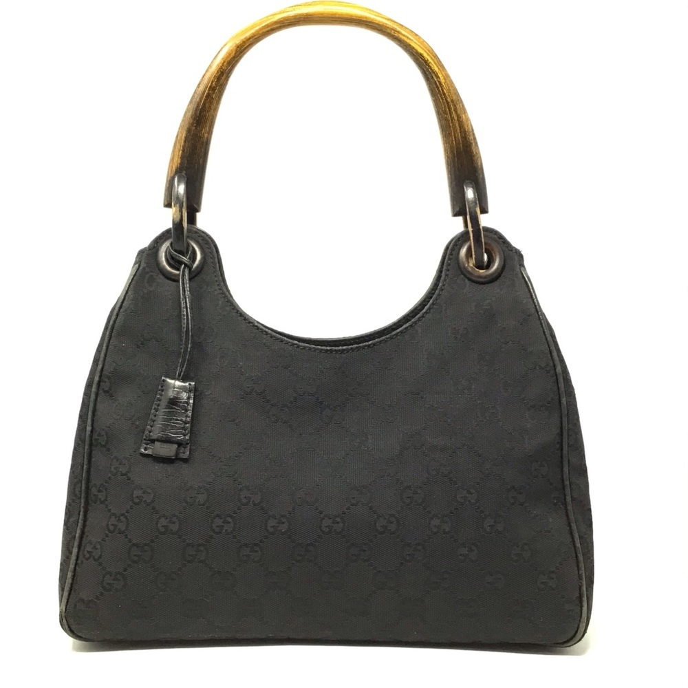 GUCCI Wood Handle Black GG Canvas Bag